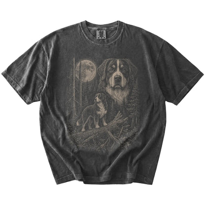 Pepper Bernese Mountain Dog Moonlit Forest T-Shirt laid flat