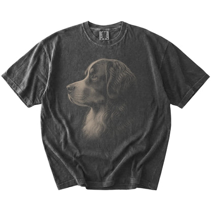 A detailed photographic portrait of a Bernese Mountain Dog on a Pepper Comfort Colors® T-shirt
