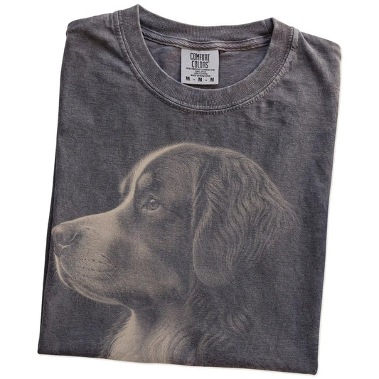 Folded Pepper Comfort Colors® T-shirt showing a detailed photographic portrait of a Bernese Mountain Dog