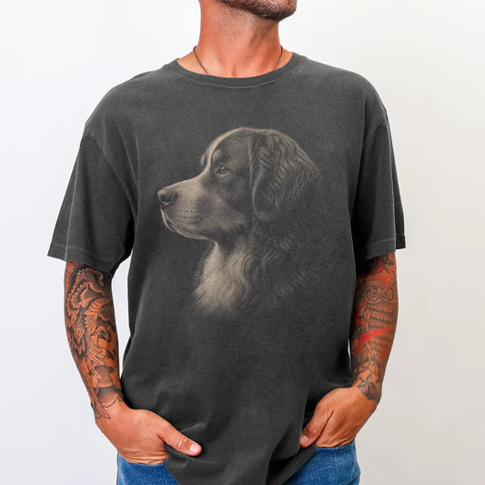 Model wearing a Pepper Comfort Colors® T-shirt with a detailed photographic portrait of a Bernese Mountain Dog
