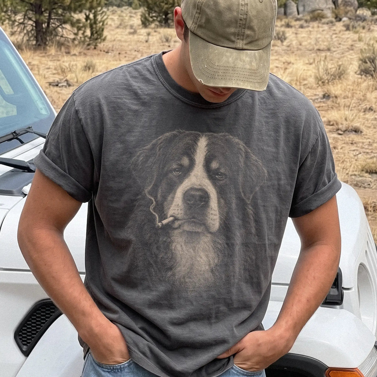 Model wearing a Bernese Mountain Dog smoking design on a Pepper t-shirt