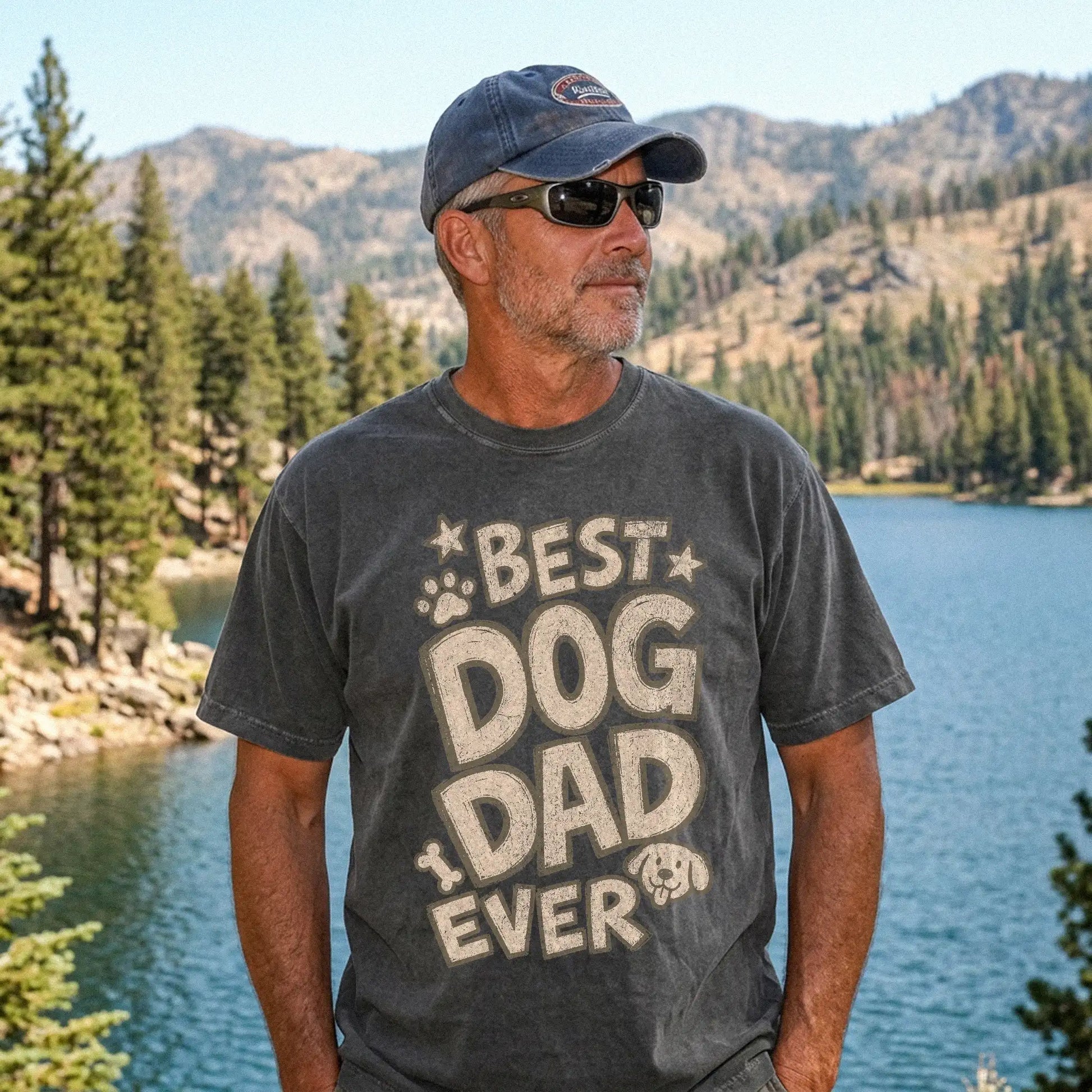 Model wearing a Pepper Comfort Colors® T-shirt with best dog dad ever lettering