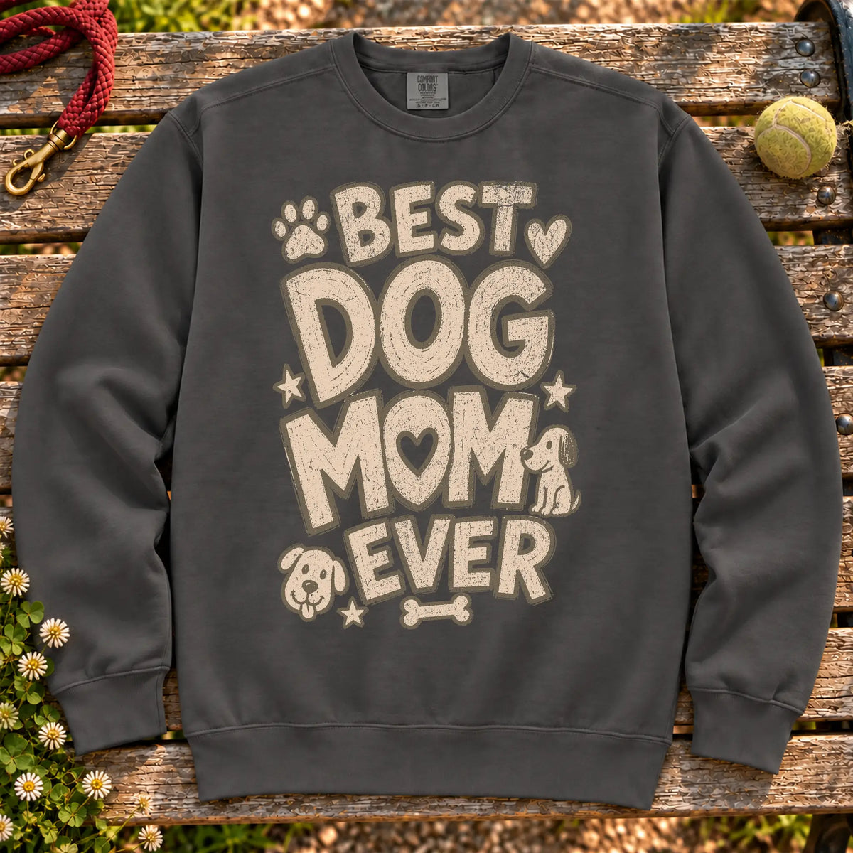 Best Dog Mom Ever on a Pepper crewneck sweatshirt, shown flat
