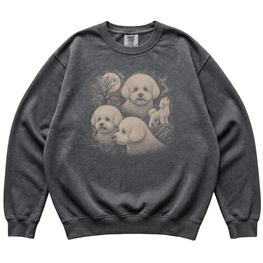 Bichon Frise 90s Moon Sweatshirt in Pepper — flat lay