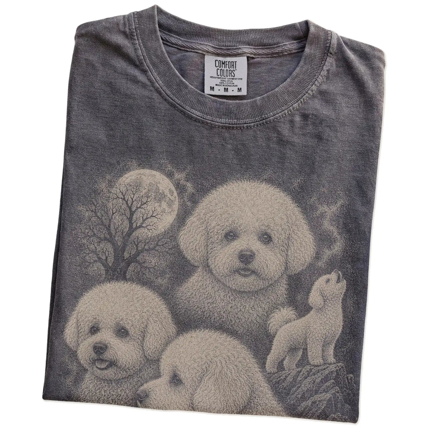 Folded Pepper Comfort Colors® T-shirt showing a vintage moon montage featuring Bichon Frise
