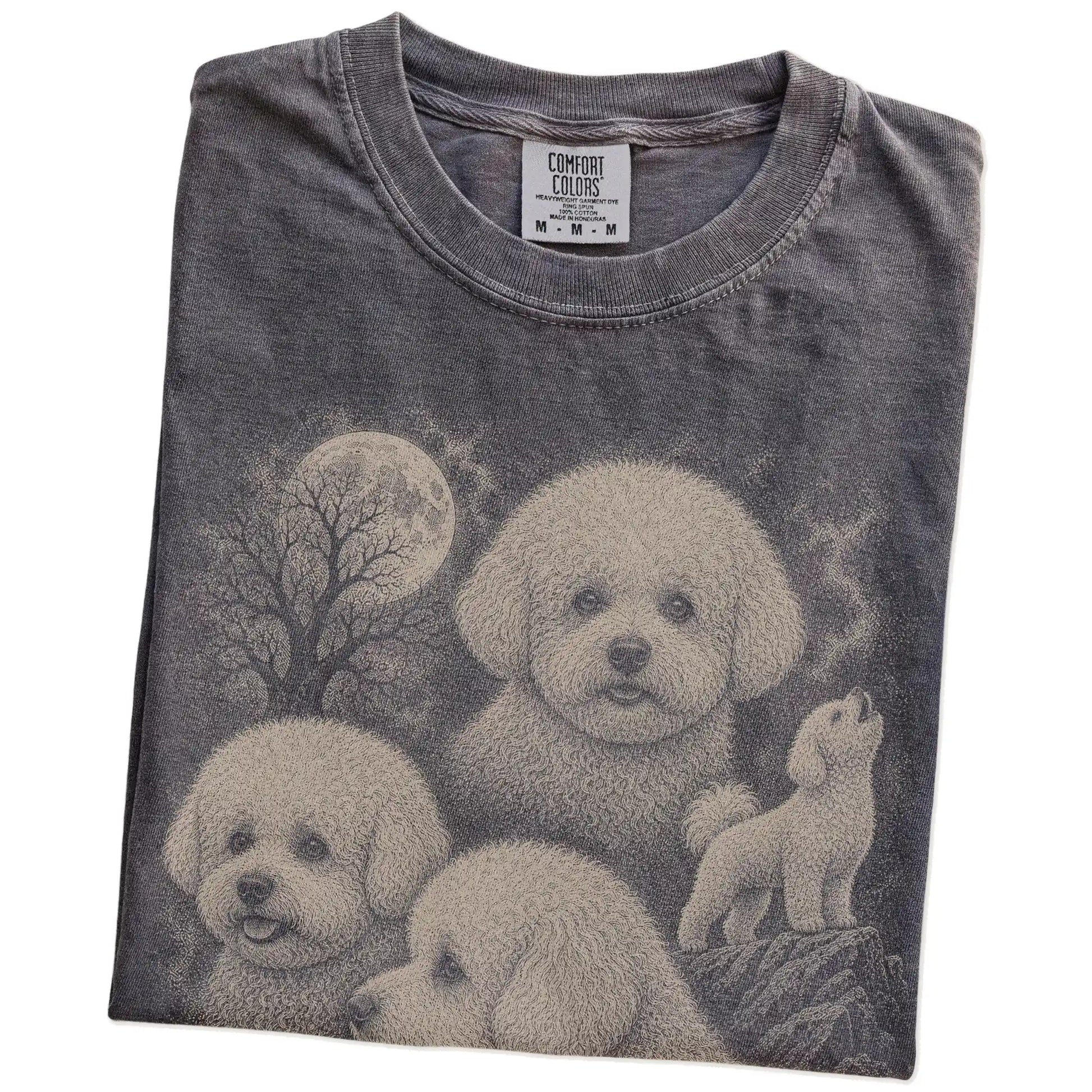 Folded Pepper Comfort Colors® T-shirt showing a vintage moon montage featuring Bichon Frise