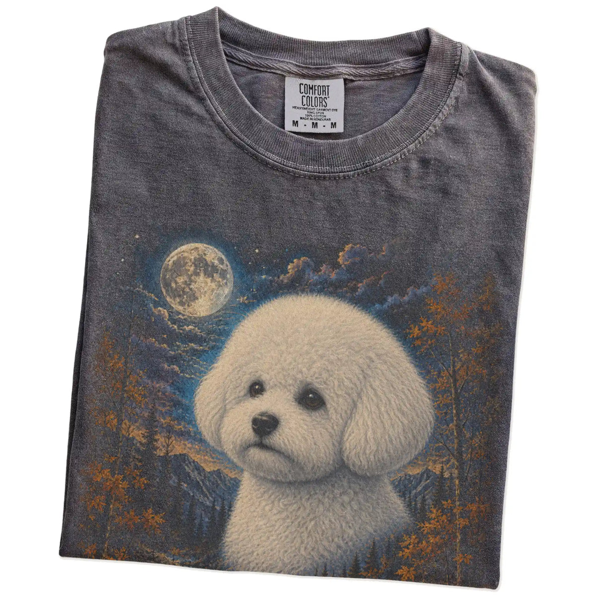 Folded pepper T-shirt with Bichon Frise Autumn Moon artwork.