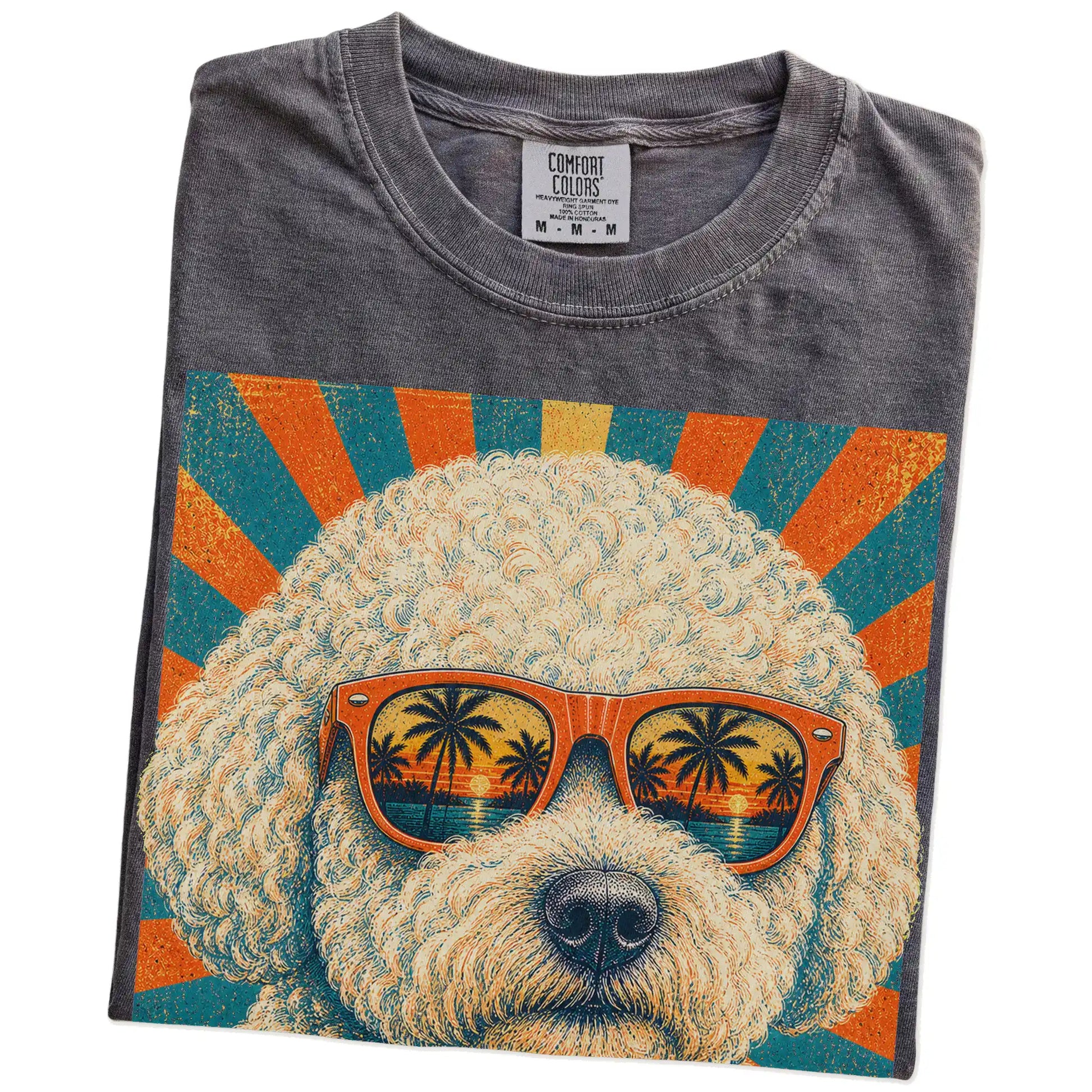 Retro Bichon Frise Dad design on a Pepper Comfort Colors T-shirt folded detail