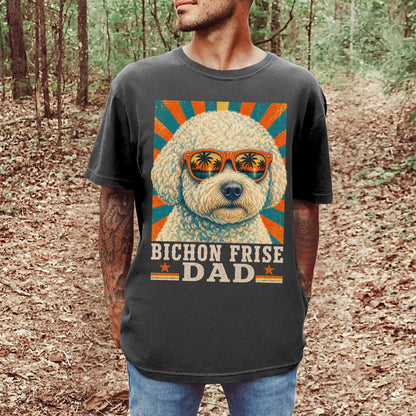 Retro Bichon Frise Dad design on a Pepper Comfort Colors T-shirt worn by a model