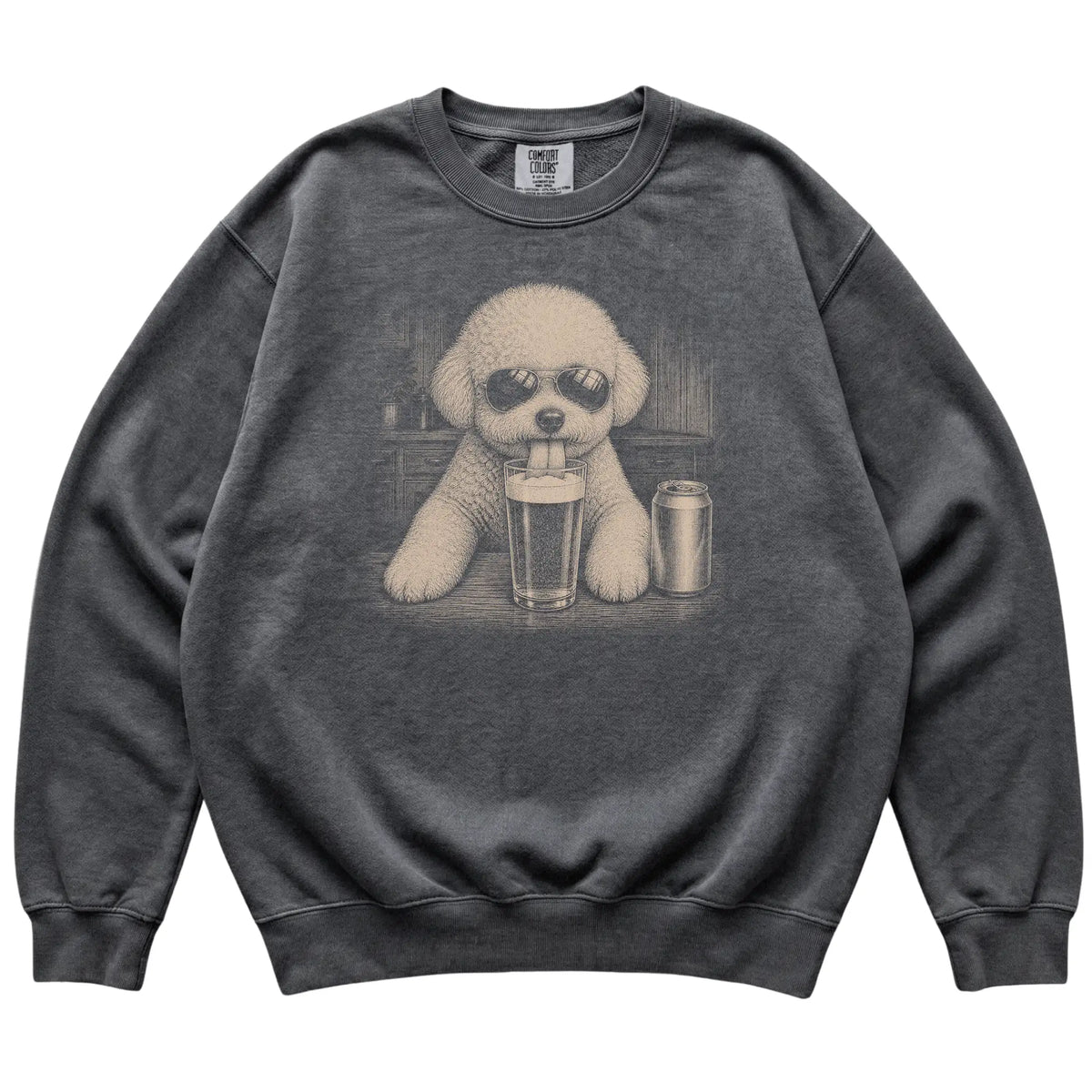 Pepper Bichon Frise drinking from a pint at a bar, laid flat