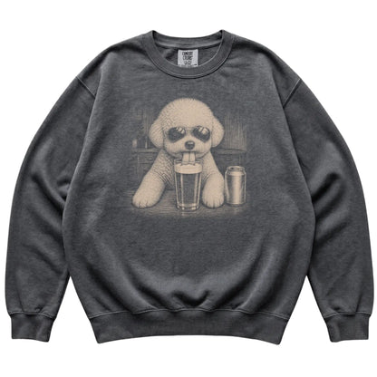 Pepper Bichon Frise drinking from a pint at a bar, laid flat