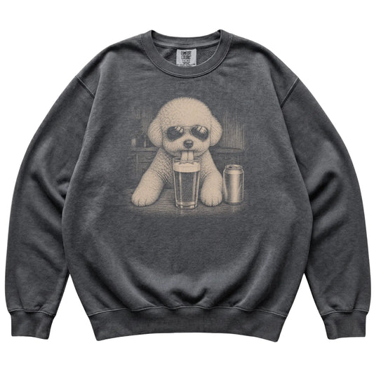 Pepper Bichon Frise drinking from a pint at a bar, laid flat