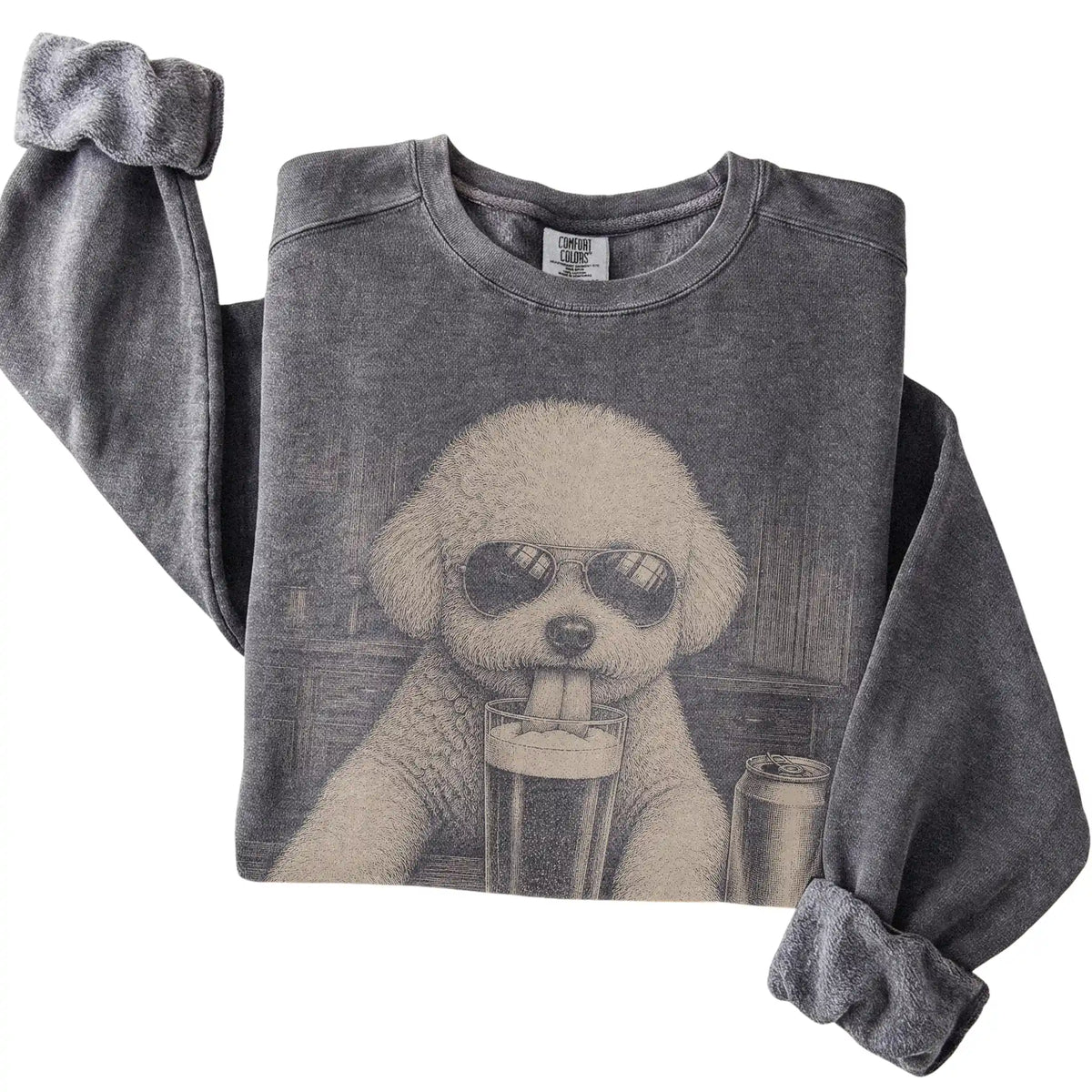 Pepper Bichon Frise drinking from a pint at a bar, folded detail view