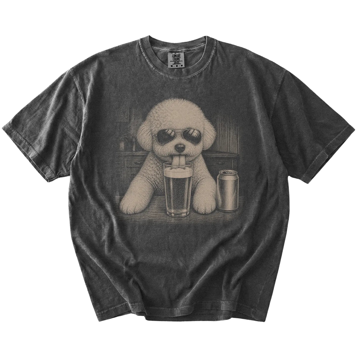 Bichon Frise sneaking a drink from a foamy pint at home on a Pepper Comfort Colors® t-shirt
