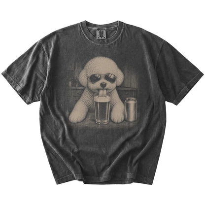 Bichon Frise sneaking a drink from a foamy pint at home on a Pepper Comfort Colors® t-shirt