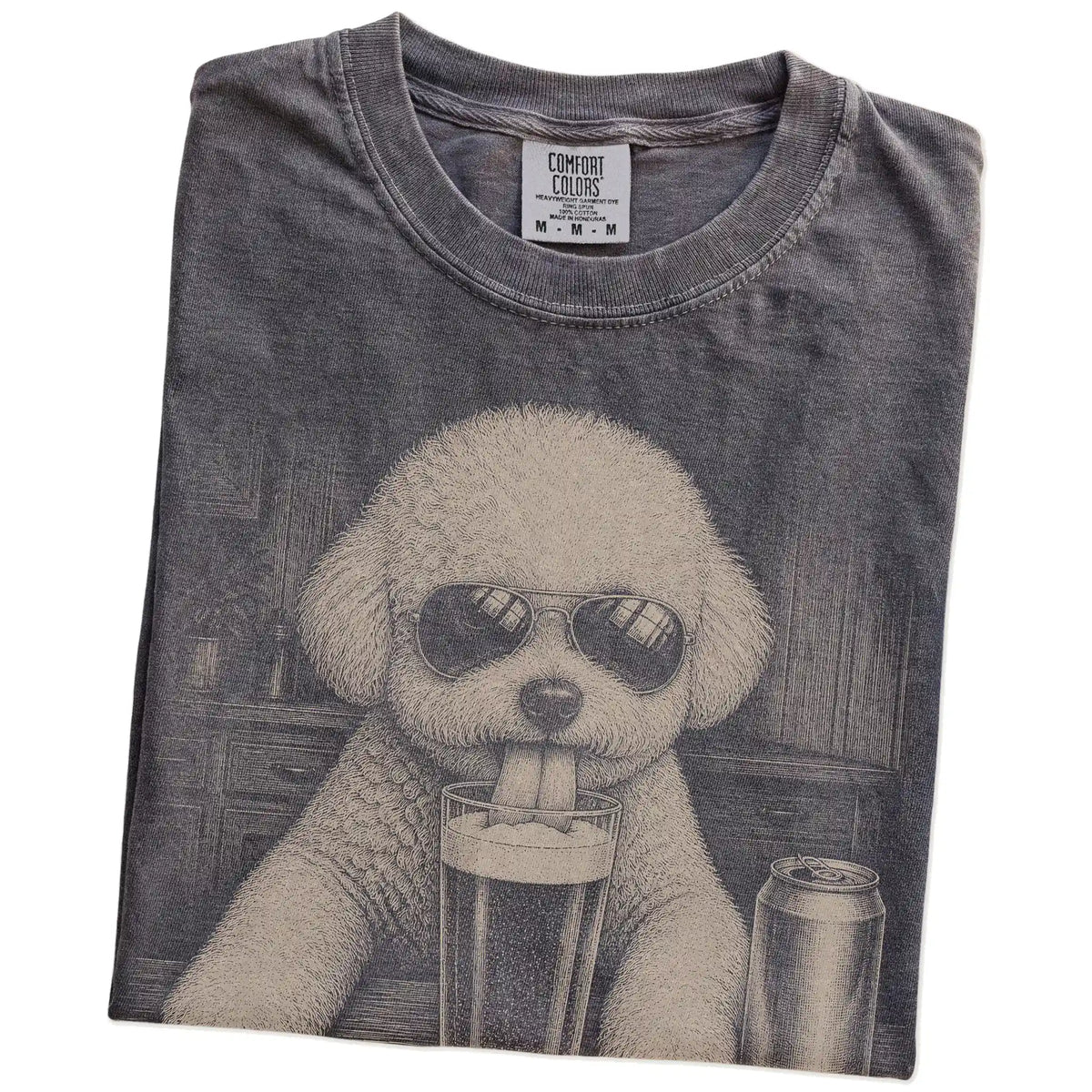 Folded Pepper Comfort Colors® t-shirt showing Bichon Frise sneaking a drink from a pint