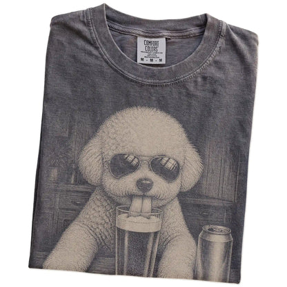 Folded Pepper Comfort Colors® t-shirt showing Bichon Frise sneaking a drink from a pint