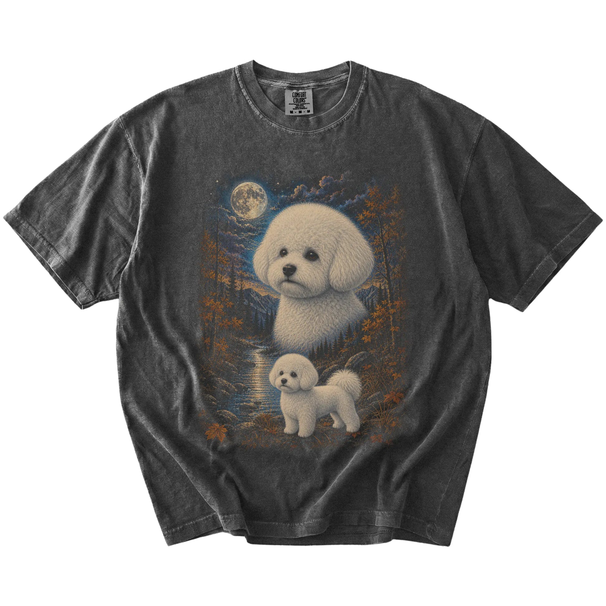 Bichon Frise in a moonlit fall forest scene on a Pepper Comfort Colors® t-shirt