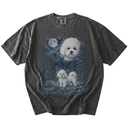 Bichon Frise in a snowy winter forest on a Pepper t-shirt