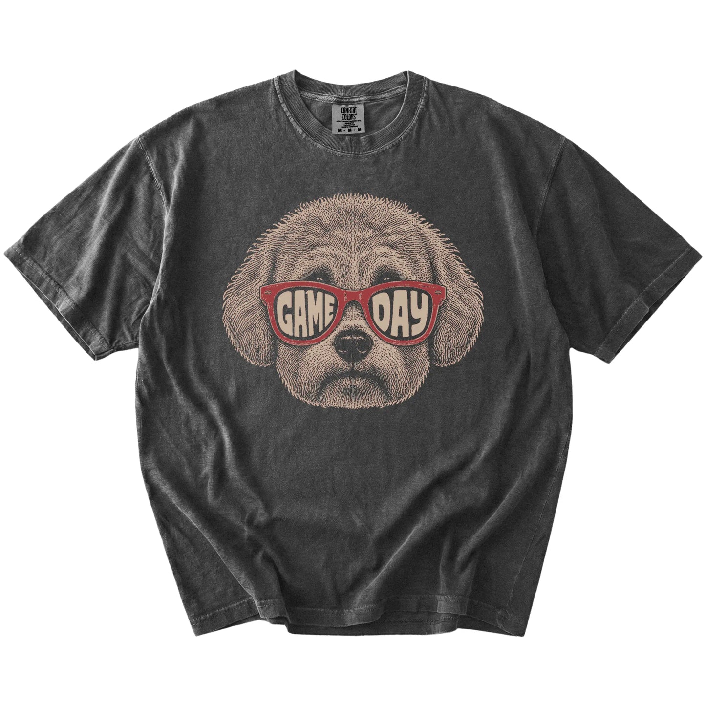 Bichon Frise wearing red Game Day sunglasses on a Pepper Comfort Colors® T-shirt
