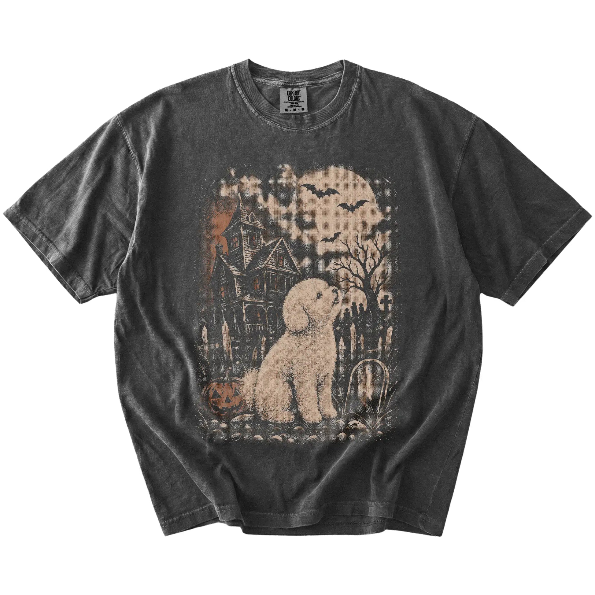 Bichon Frise in a vintage haunted-house scene on a Pepper Comfort Colors® T-shirt