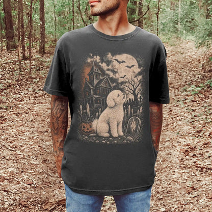 Model wearing a Pepper Comfort Colors® T-shirt showing Bichon Frise in a vintage haunted-house scene