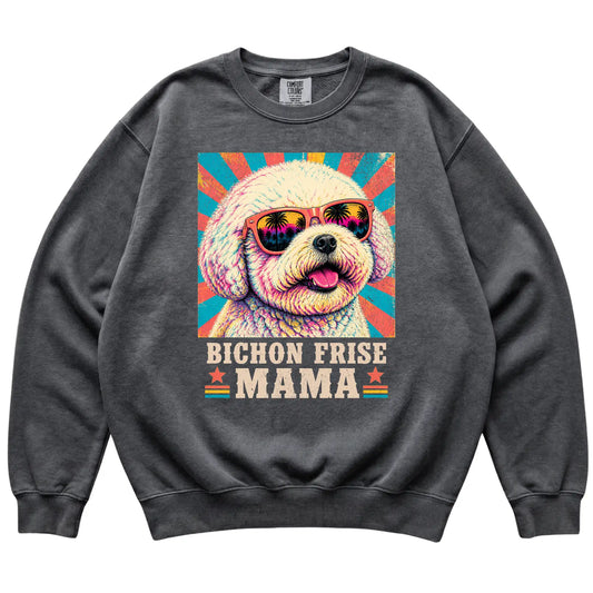 Retro Bichon Frise Mama design on a Pepper Comfort Colors sweatshirt