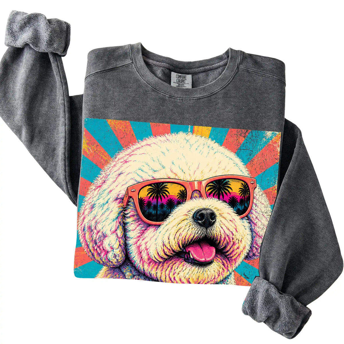 Folded Pepper Comfort Colors sweatshirt with a Retro Bichon Frise Mama design