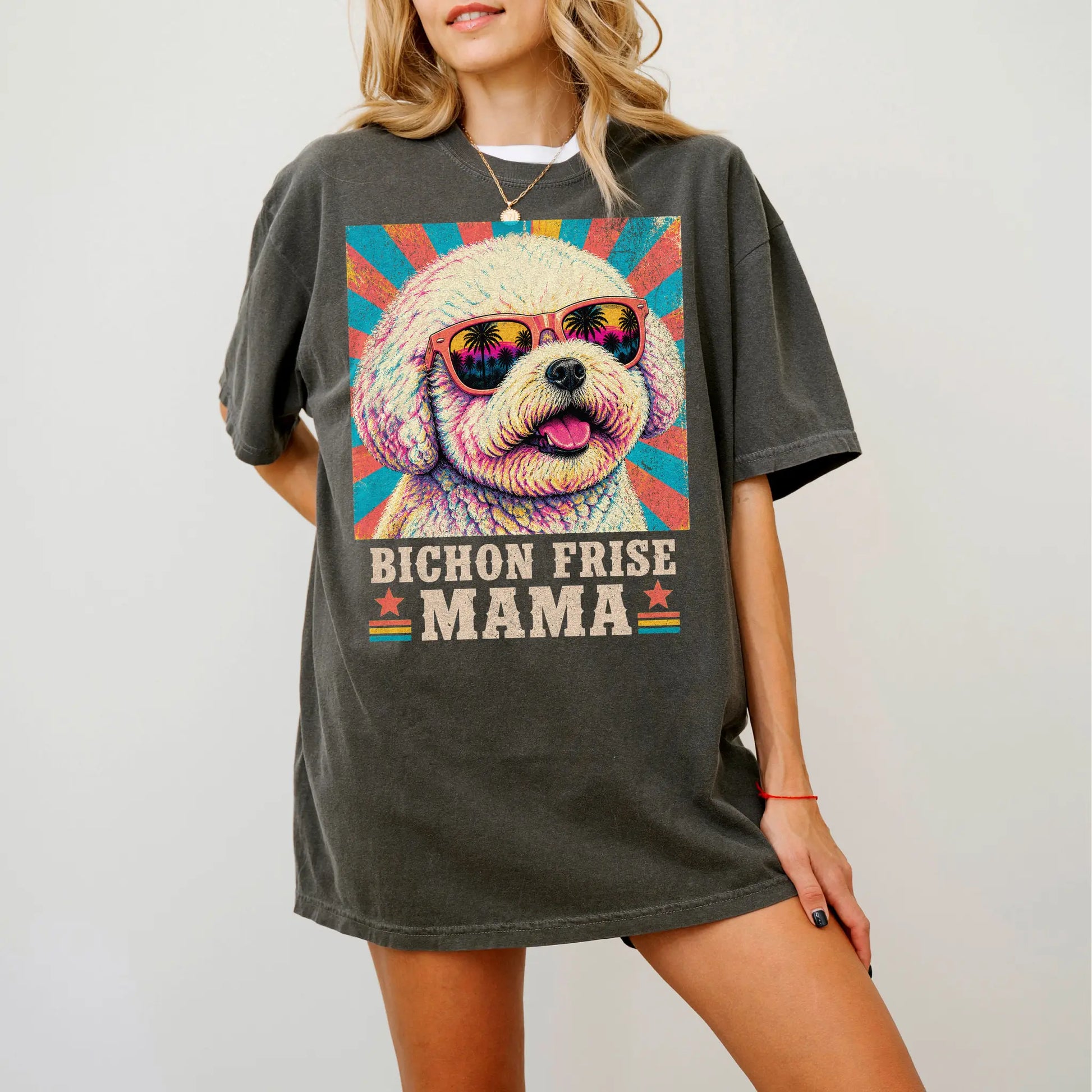 Retro Bichon Frise Mama design on a Pepper Comfort Colors T-shirt worn by a model