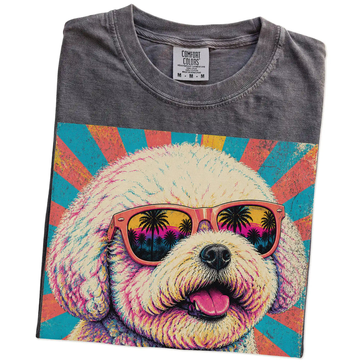 Retro Bichon Frise Mama design on a Pepper Comfort Colors T-shirt folded detail