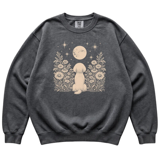 Bichon Frise Wildflower Moon sweatshirt in Pepper, flat lay view