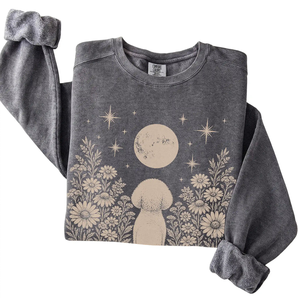 Bichon Frise Wildflower Moon sweatshirt in Pepper, folded detail view