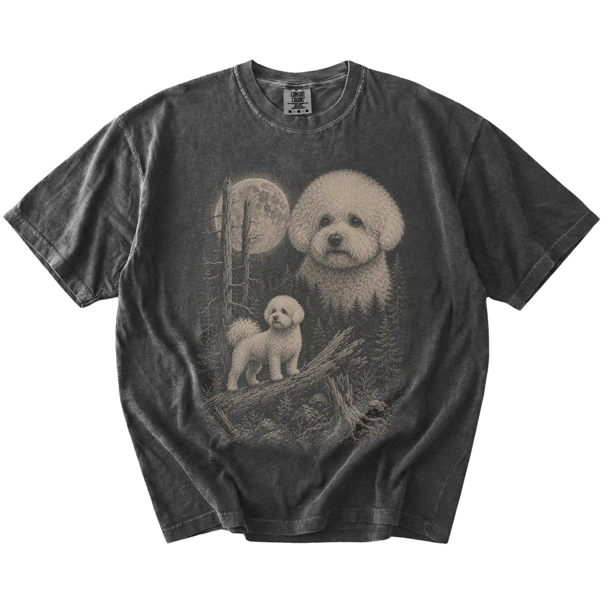 Pepper Bichon Frise Moonlit Forest T-Shirt laid flat