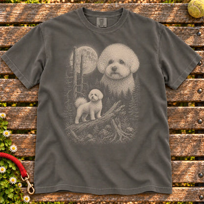 Bichon Frise Moonlit Forest design on a Pepper T-shirt shown flat