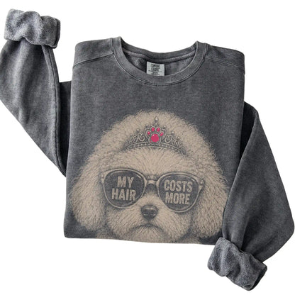 Pepper Comfort Colors sweatshirt featuring Bichon Frise My Hair Costs More, folded presentation