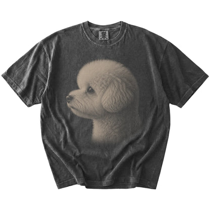 A detailed photographic portrait of a Bichon Frise on a Pepper Comfort Colors® T-shirt