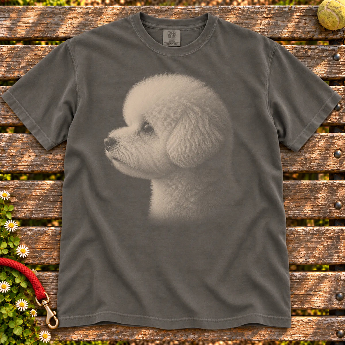 Bichon Frise Photo design on a Pepper Comfort Colors T-shirt, shown flat