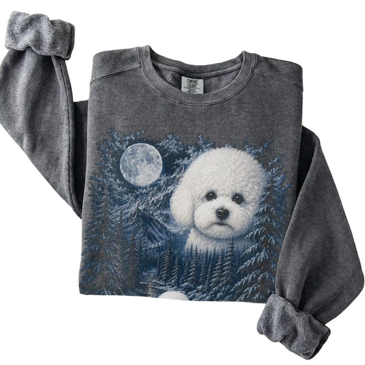 Folded pepper sweatshirt with Bichon Frise Winter Moon artwork.