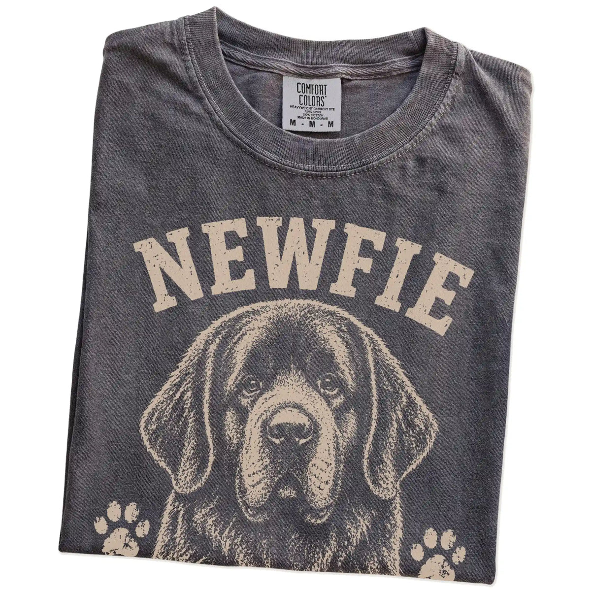 Folded Pepper Comfort Colors® T-shirt showing Newfie design with “Big Hair, Bigger Heart” lettering