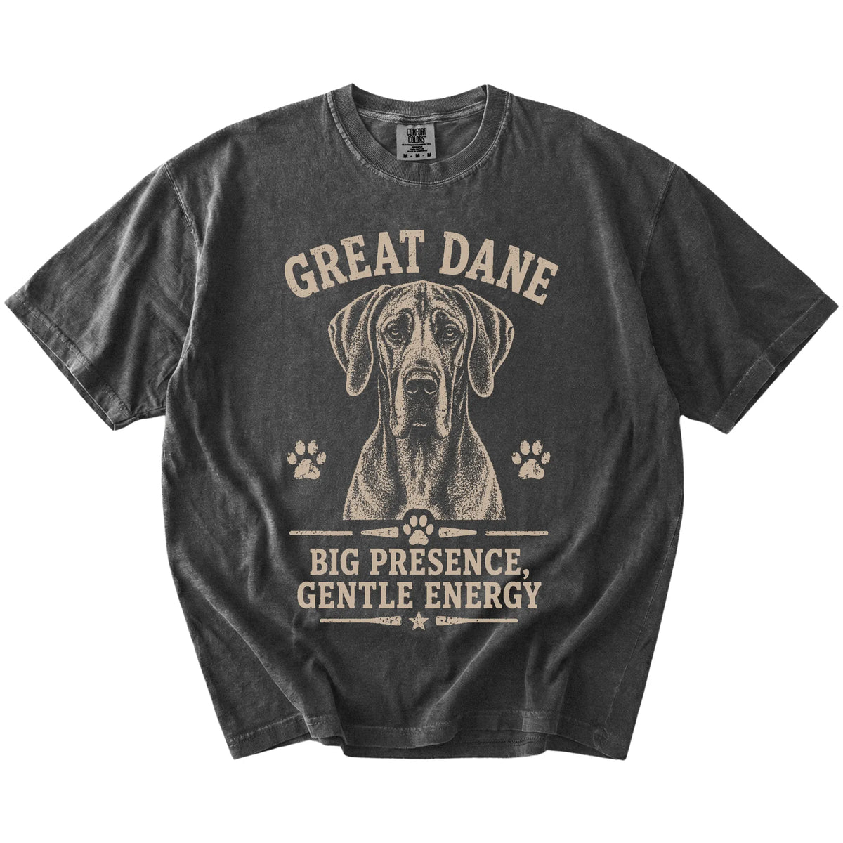 Great Dane design with “Big Presence, Gentle Energy” lettering on a Pepper Comfort Colors® T-shirt