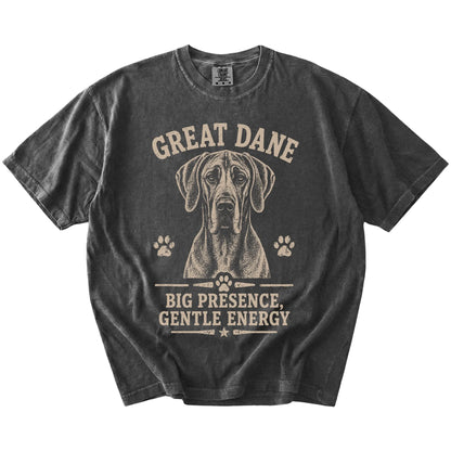 Great Dane design with “Big Presence, Gentle Energy” lettering on a Pepper Comfort Colors® T-shirt