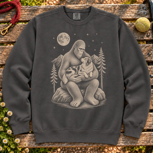 Australian Shepherd Bigfoot Holding on a Pepper crewneck sweatshirt, shown flat