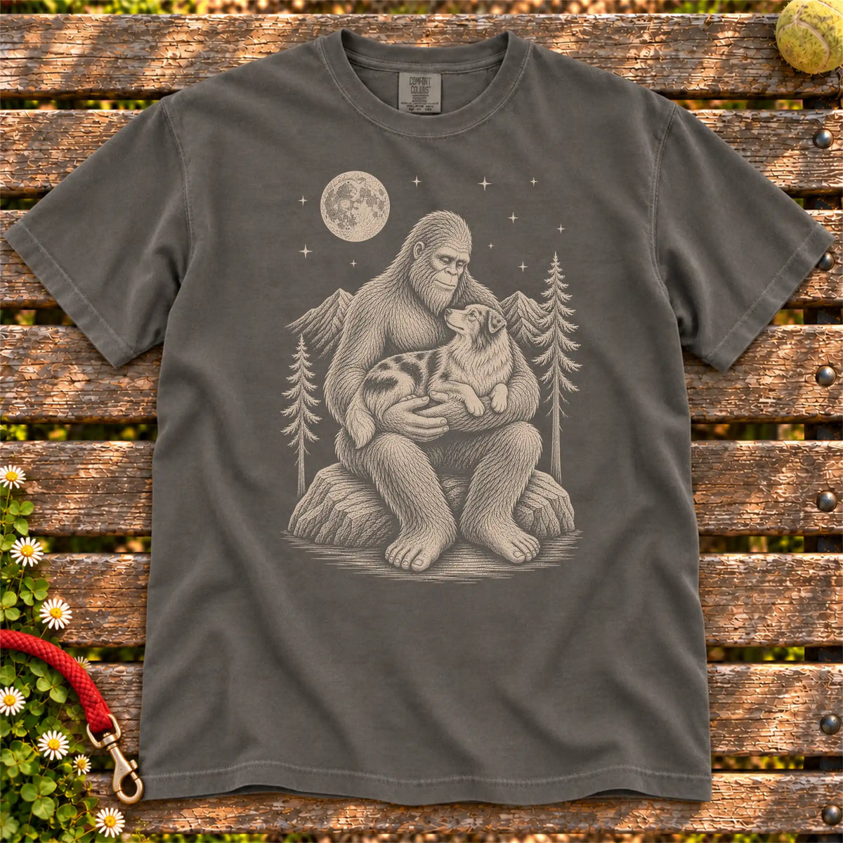 Australian Shepherd Bigfoot Holding on a Pepper T-shirt, shown flat