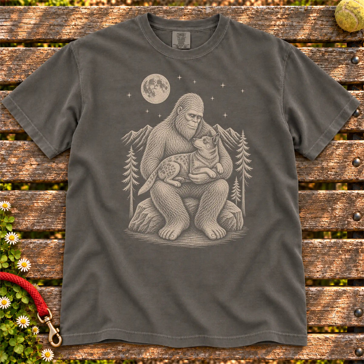 Blue Heeler Bigfoot Holding on a Pepper T-shirt, shown flat