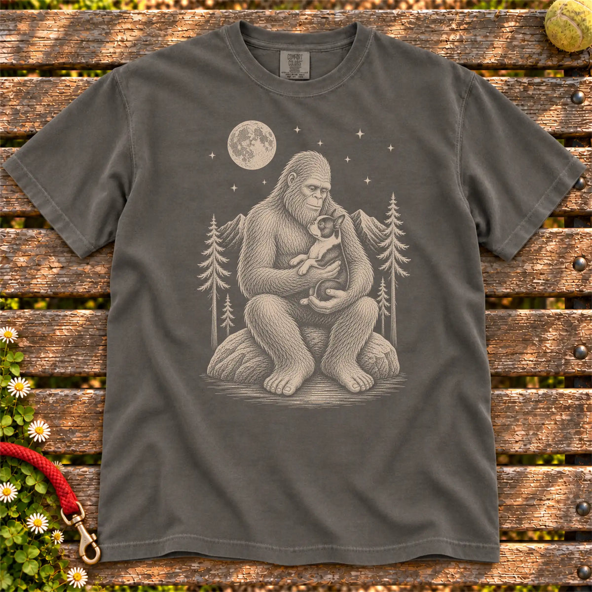 Boston Terrier Bigfoot Holding on a Pepper T-shirt, shown flat