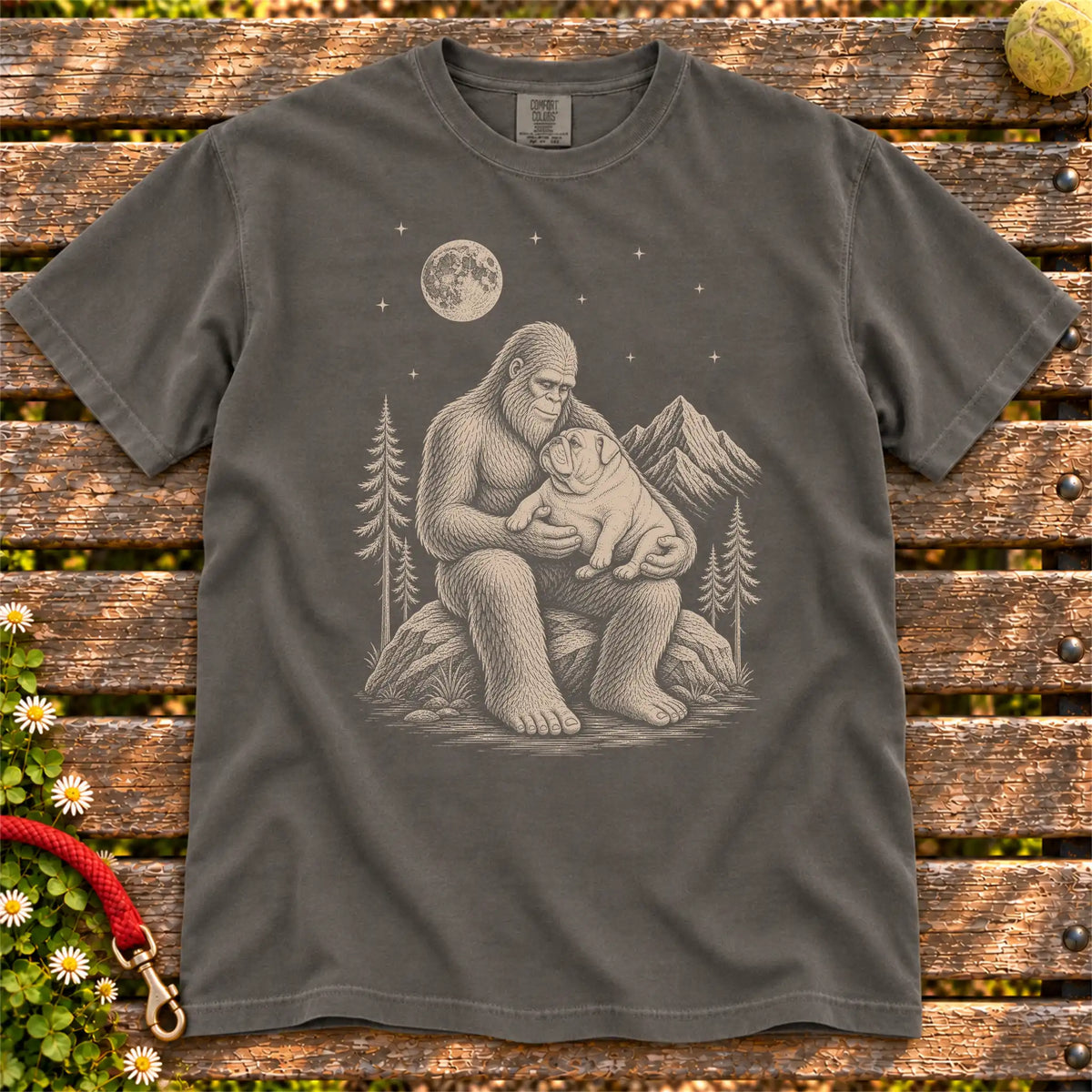 English Bulldog Bigfoot Holding on a Pepper T-shirt, shown flat