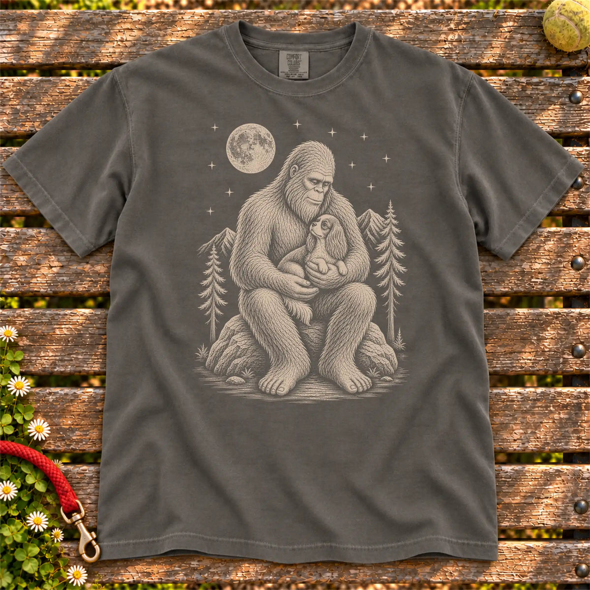 Cavalier King Charles Spaniel Bigfoot Holding on a Pepper T-shirt, shown flat
