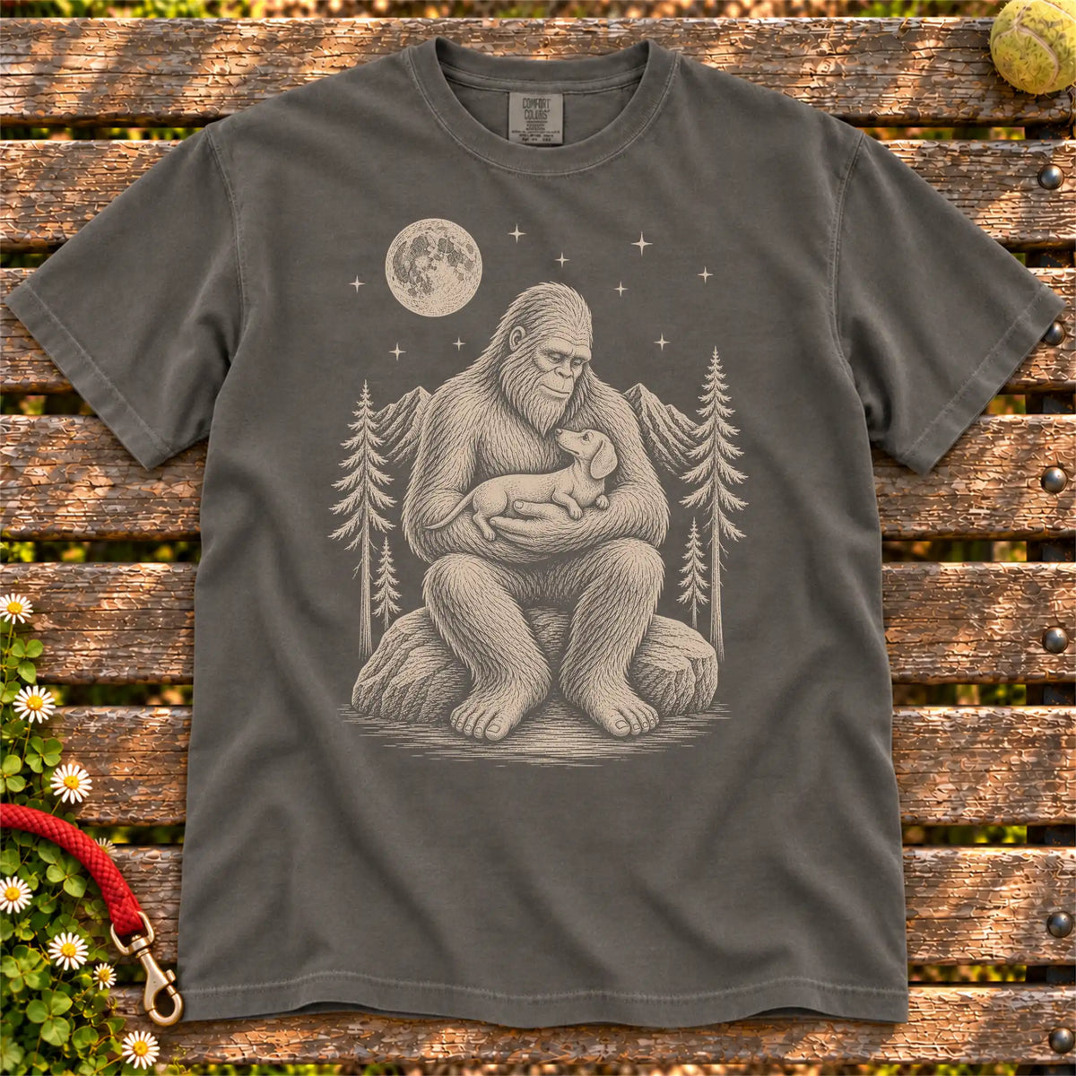 Dachshund Bigfoot Holding on a Pepper T-shirt, shown flat