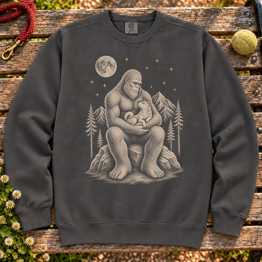 Shiba Inu Bigfoot Holding on a Pepper crewneck sweatshirt, shown flat