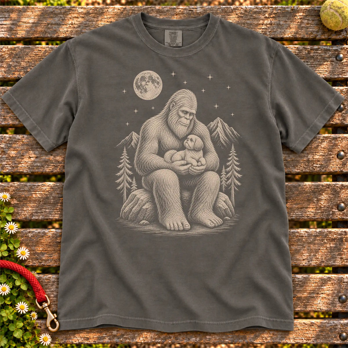 Shih Tzu Bigfoot Holding on a Pepper T-shirt, shown flat
